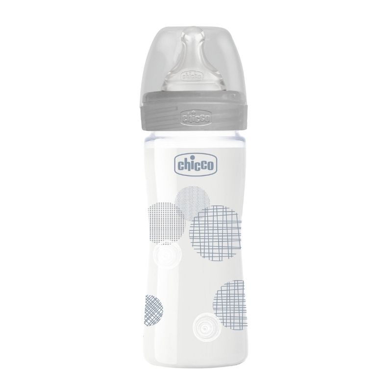 Μπιμπερό Γυάλινο Chicco με Θηλή Σιλικόνης Well Being 240ml 0m+, Γκρι Κύκλοι