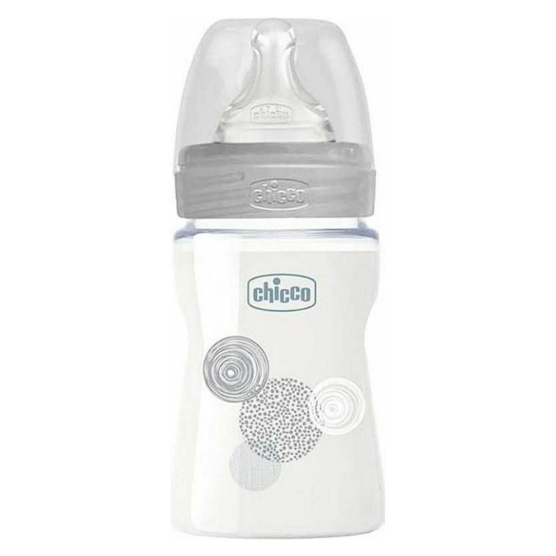 Μπιμπερό Γυάλινο Chicco με Θηλή Σιλικόνης Well Being 150ml 0m+, Γκρι Κύκλοι