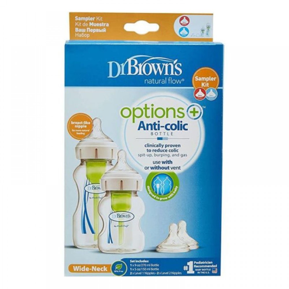 Πλαστικά Μπιμπερό Dr. Brown's Options+ με φαρδύ λαιμό 270ml + 150ml (2 τεμ.)