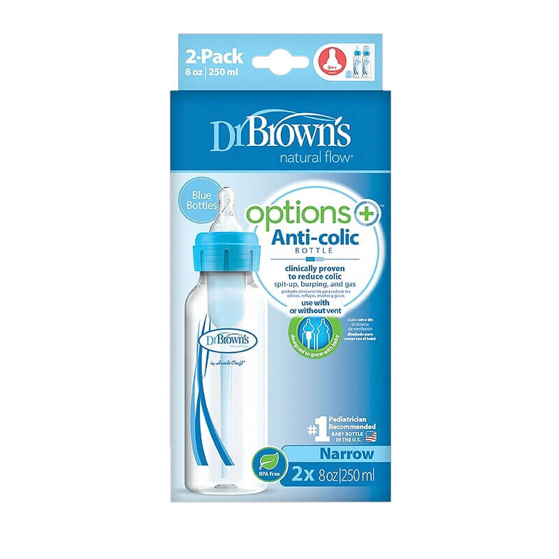 Πλαστικό Μπιμπερό Dr. Brown's Options+ με στενό λαιμό 250ml Μπλε (2 τεμ.)