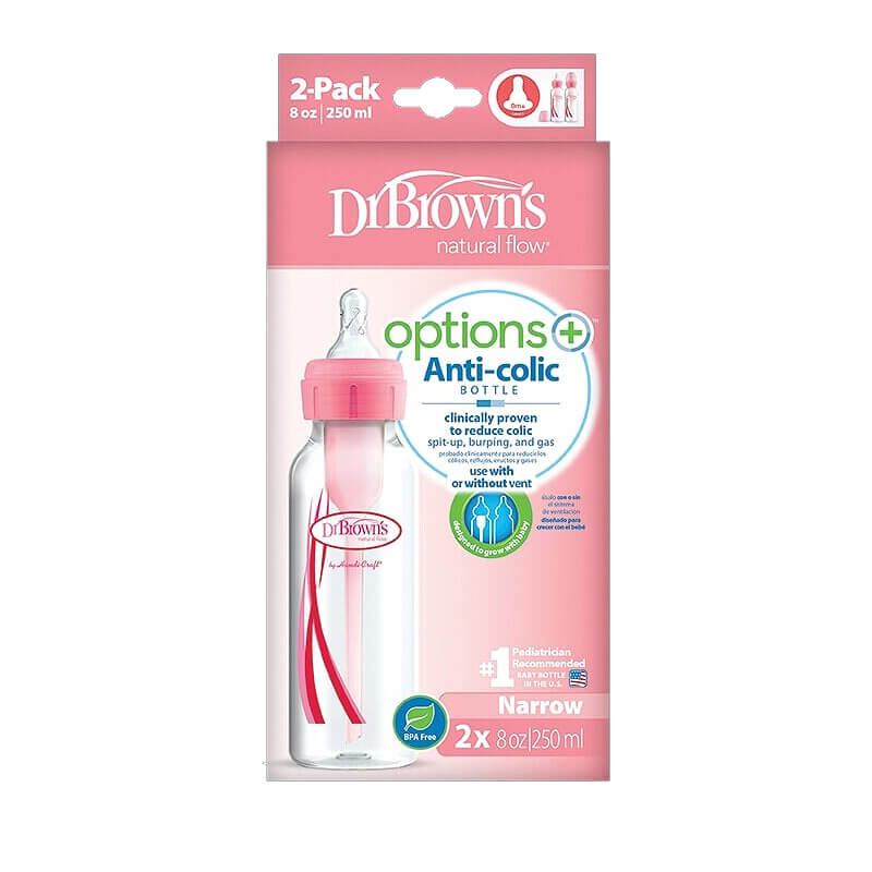 Πλαστικό Μπιμπερό Dr. Brown's Options+ με στενό λαιμό 250ml Ροζ (2 τεμ.)