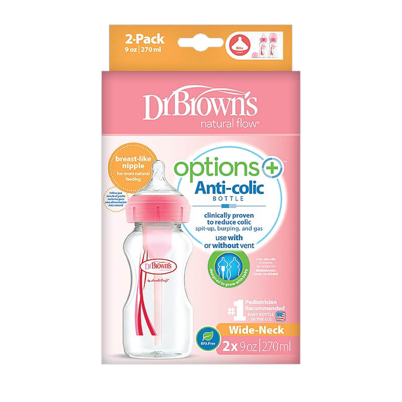 Πλαστικό Μπιμπερό Dr. Brown's Options+ με φαρδύ λαιμό 270ml Ροζ (2 τεμ.)