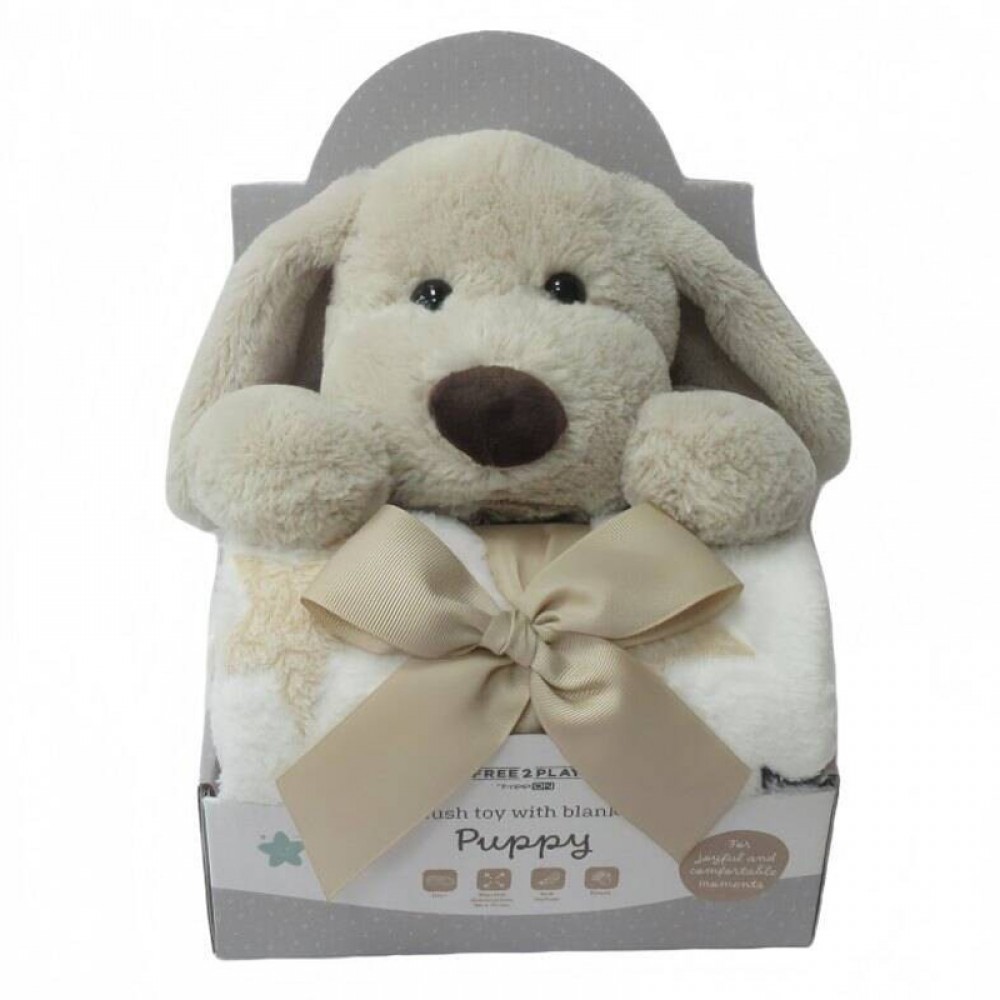 Κουβέρτα Αγκαλιάς & Λίκνου με 3D Λούτρινο Παιχνίδι FreeOn Puppy Beige