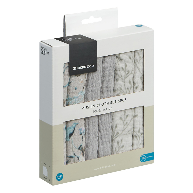 Λαβέτες Μουσελίνας Kikka boo 30x30cm Dreamy Fields Grey (6τεμ.)