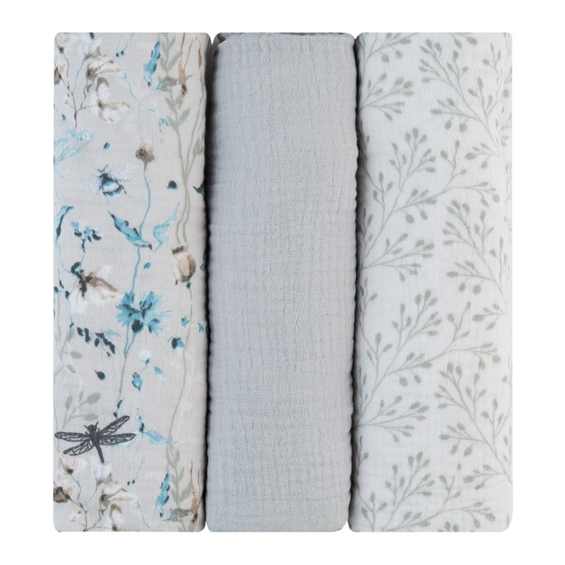 Πάνες Αγκαλιάς Μουσελίνας Kikka boo 100x100cm Dreamy Fields Grey (3τεμ.)