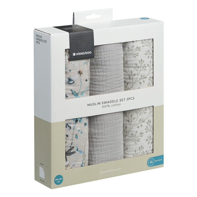 Πάνες Αγκαλιάς Μουσελίνας Kikka boo 100x100cm Dreamy Fields Grey (3τεμ.)