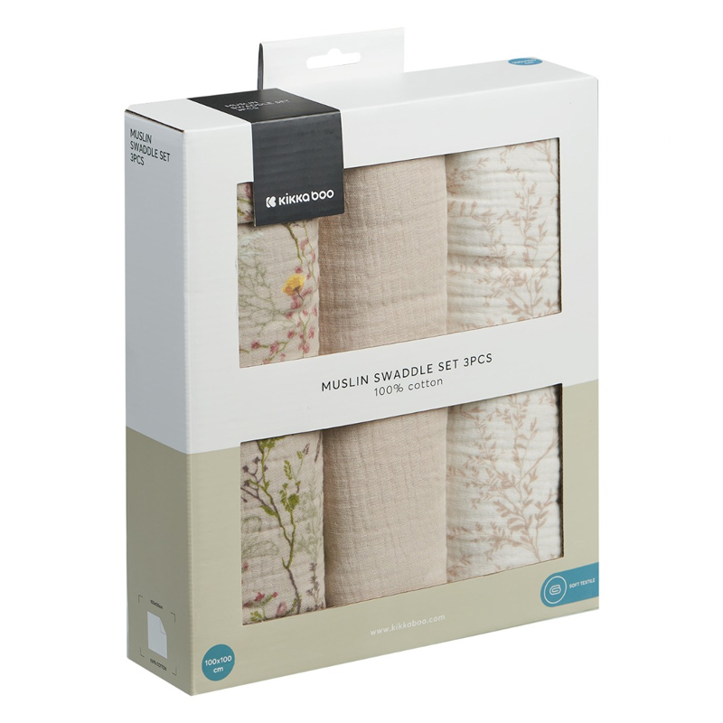 Πάνες Αγκαλιάς Μουσελίνας  Kikka boo 100x100cm Secret Garden Beige (3τεμ.)