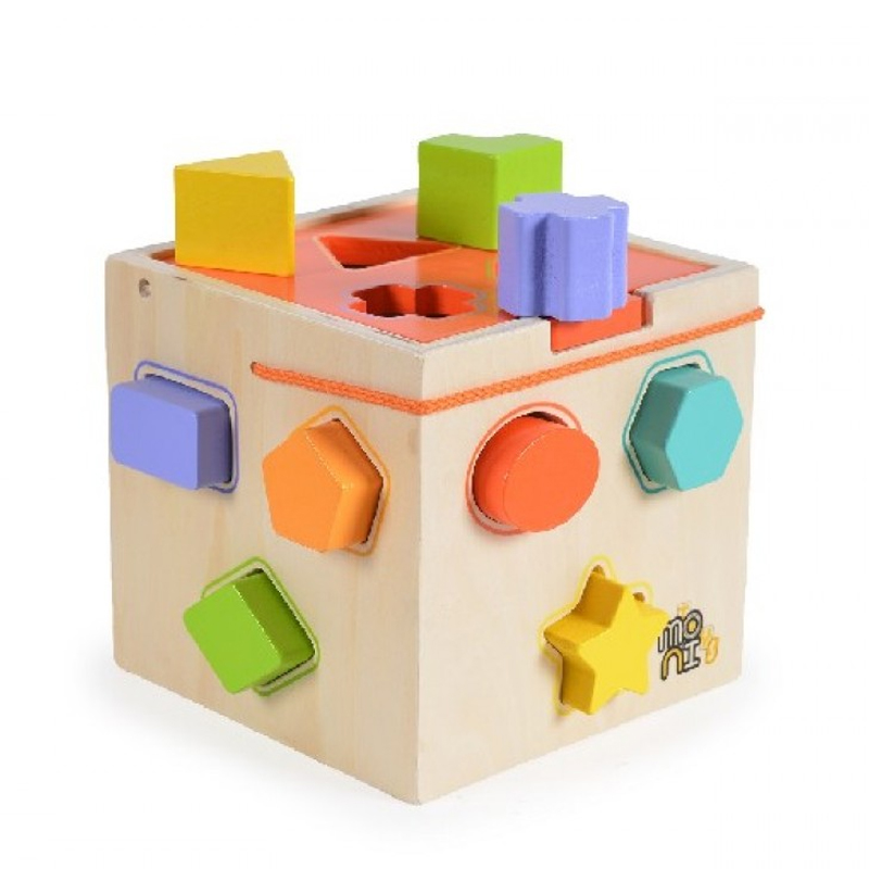 Ξύλινος Εκπαιδευτικός Κύβος Δραστηριοτήτων Moni Shape Sorting Wooden Cube