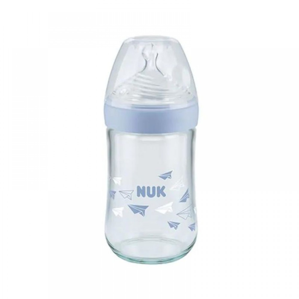 Γυάλινο Μπιμπερό NUK Nature Sense 240ml με Θηλή 6m+ &amp; Δείκτη Ελέγχου Θερμοκρασίας Blue