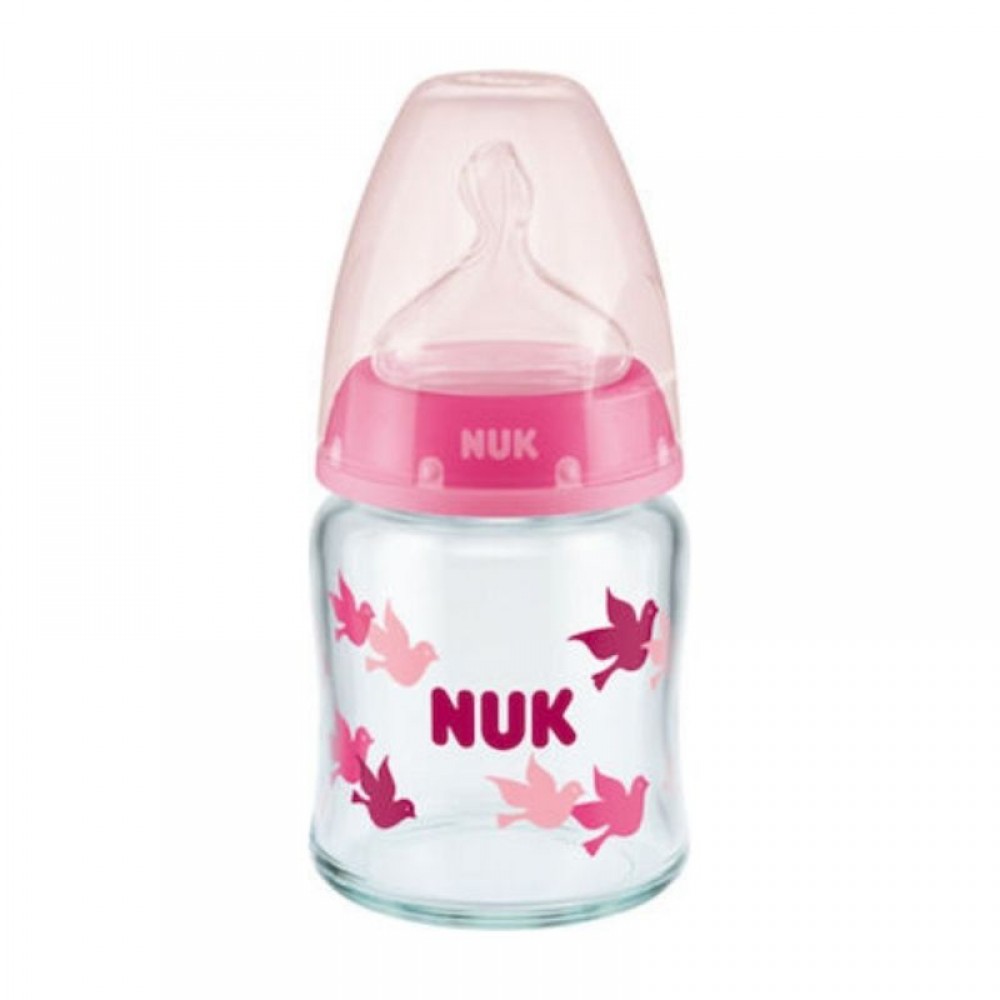 Μπιμπερό γυάλινο NUK First Choice Plus 120ml με θηλή Silic Pink Birds