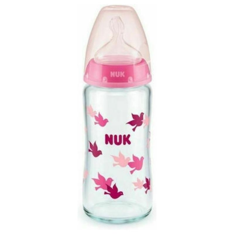 Μπιμπερό γυάλινο NUK First Choice Plus 240ml με θηλή Silic Pink Birds