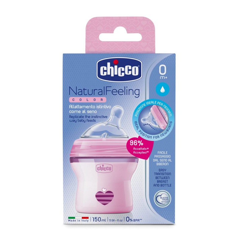 Μπιμπερό πλαστικό, θηλή σιλικόνης Chicco Natural Feeling 150ml Ροζ