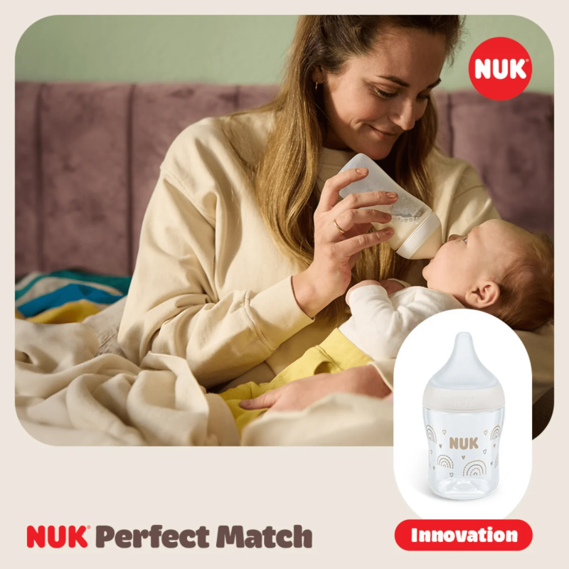 Γυάλινο Μπιμπερό Nuk Perfect Match Temperature Control με θηλή Silic 0m+ Rainbow 120ml